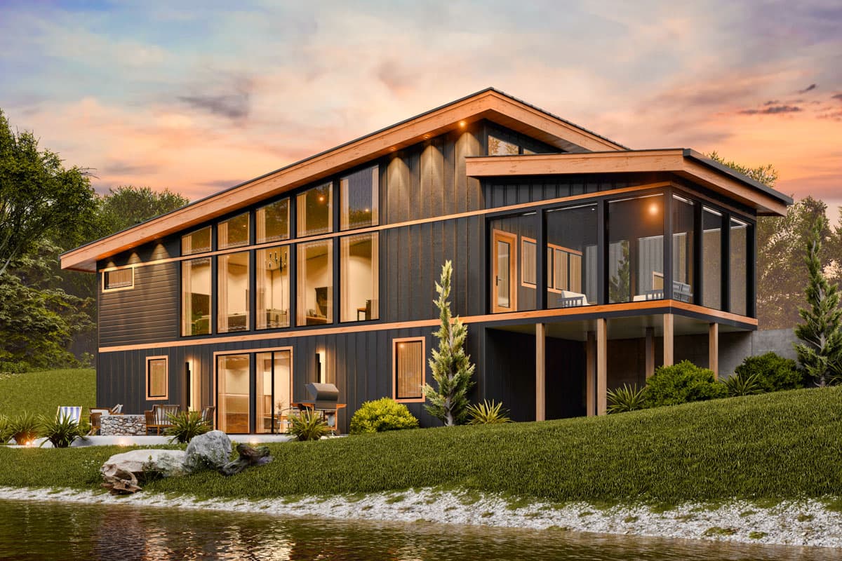 Modern house plan exterior, two stories, dark vertical siding, expansive glass walls, and upper-level screened porch.