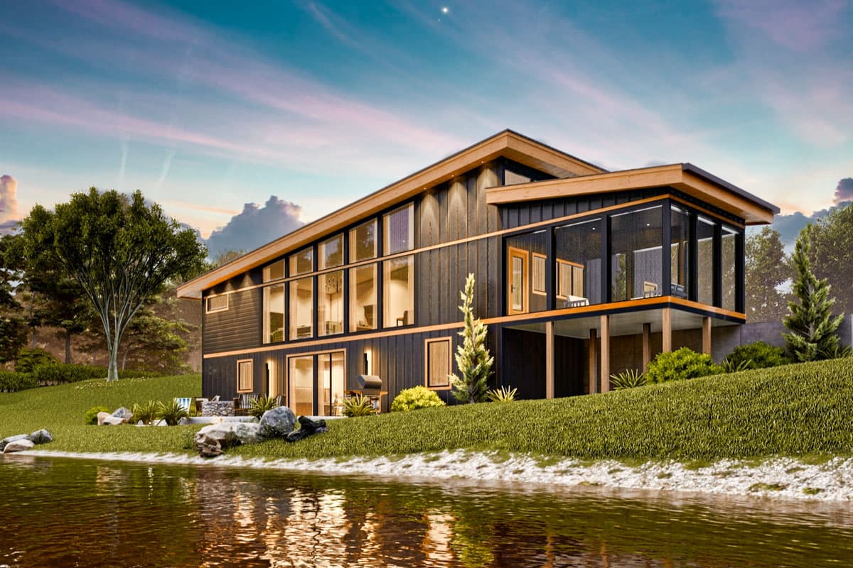 Modern two-story house plan exterior with a steep gable roof, extensive windows, and a screened-in upper deck.