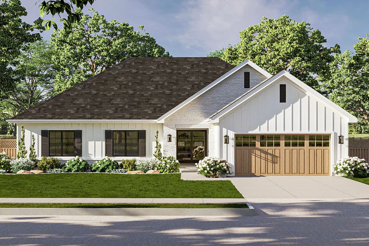 House plan exterior featuring a Modern Farmhouse style with a gable roof, board and batten siding, and a two-car garage.