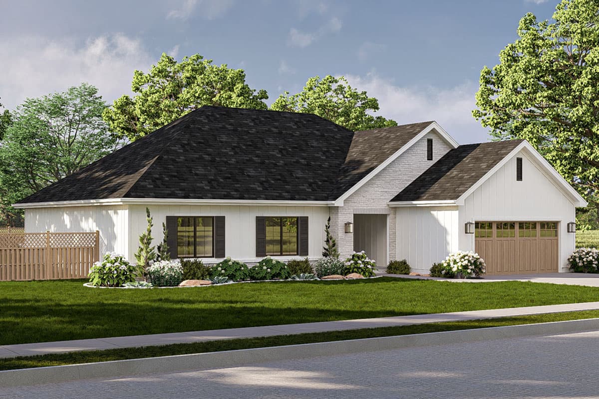 Modern Farmhouse house plan exterior with white board and batten siding, brick accents, gable roof, and attached garage.