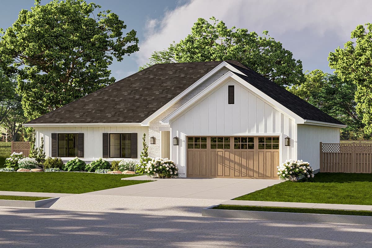 Modern Farmhouse style house plan exterior with a gabled front, board and batten siding, and a three-car garage.