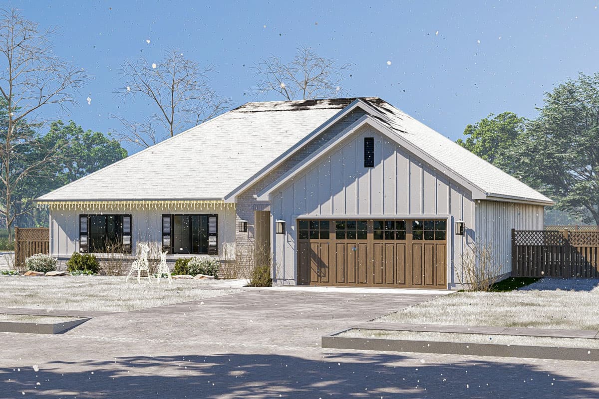 House plan exterior of a single-story Modern Farmhouse with a gable roof, board and batten siding, and a multi-pane garage door.