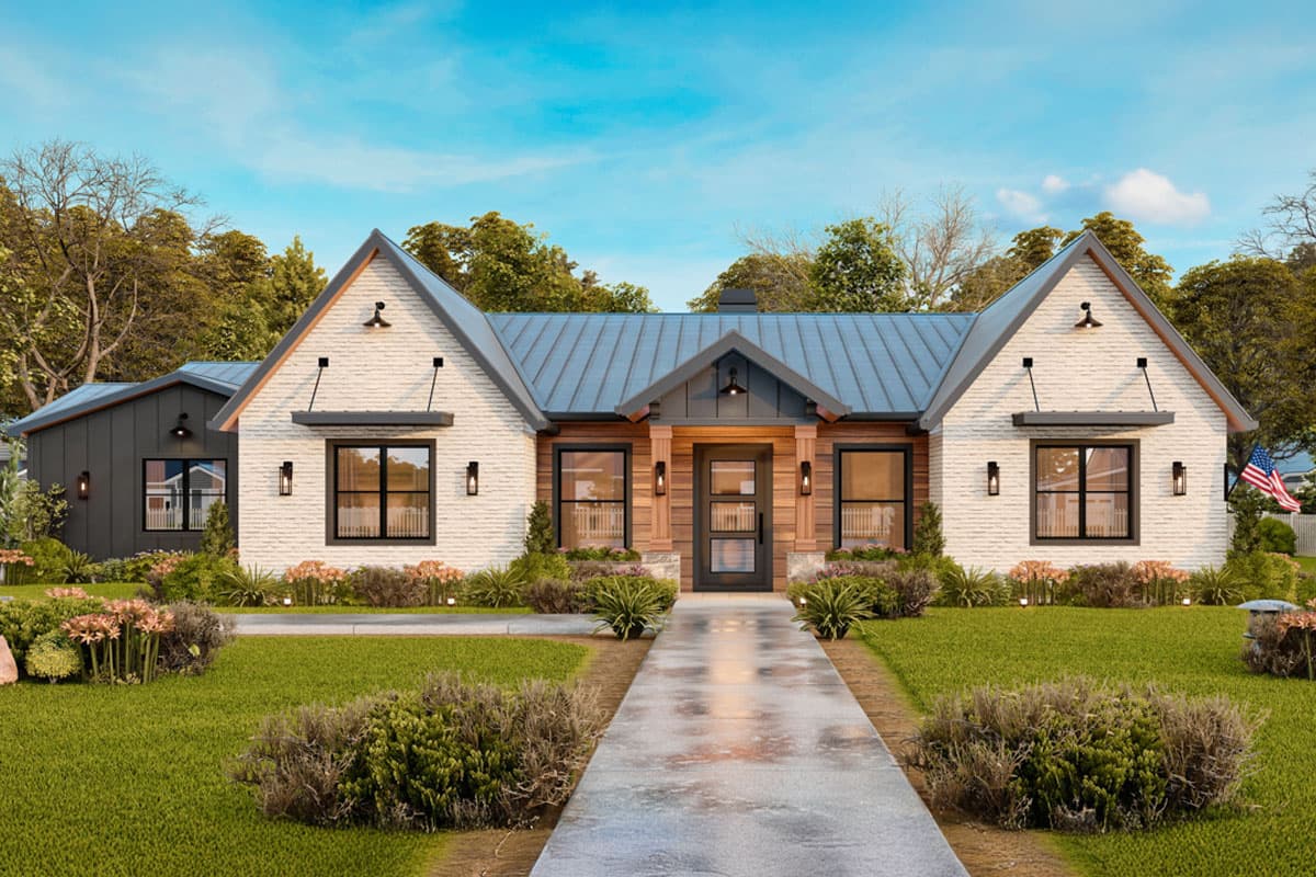 House plan exterior. Modern Farmhouse style with two gabled roof sections, a covered entry, and black-framed windows.
