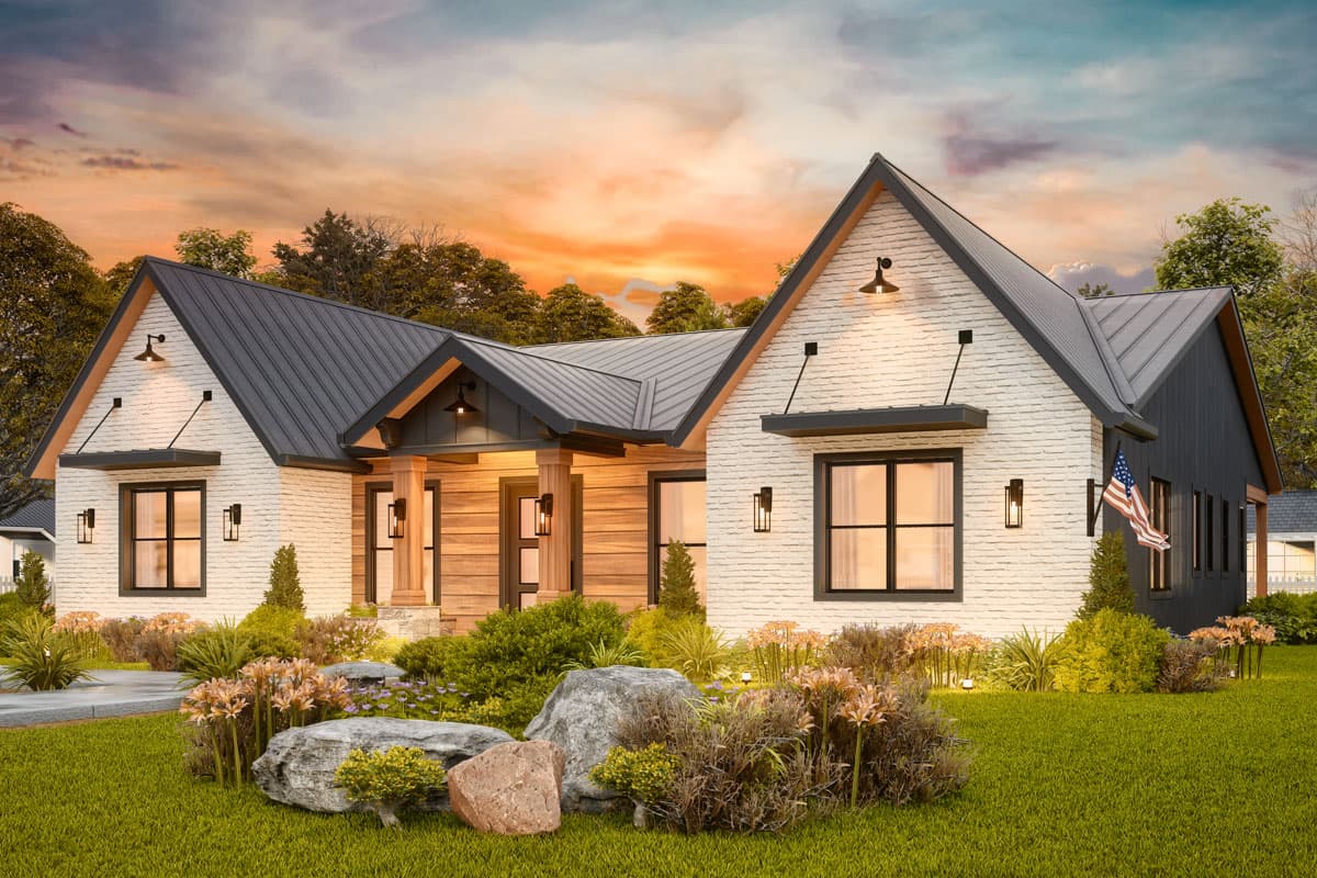 House plan exterior, Modern Farmhouse style, one story, white brick, gables, porch with wood columns, metal roof.