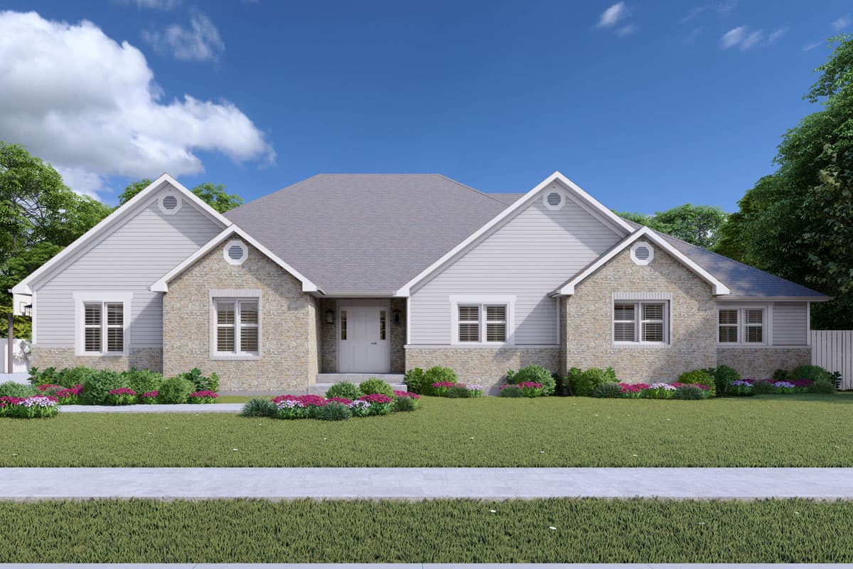 House plan exterior. Ranch style with stone accents and gables over the entry and flanking sections. Features dormers, and a gray roofline.