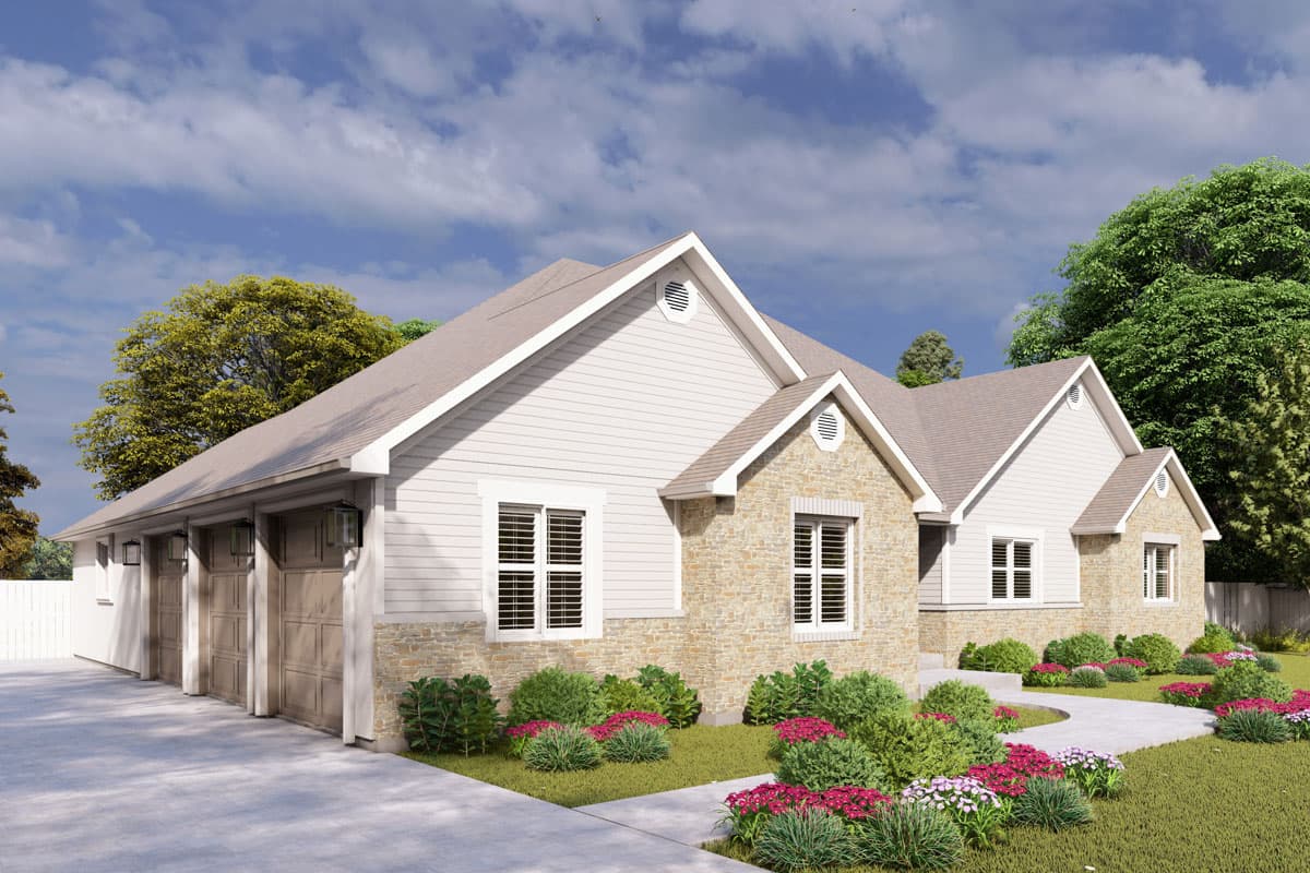 House plan exterior features a wide, three-car garage, stone accents on gables, and white siding with a prominent roofline.