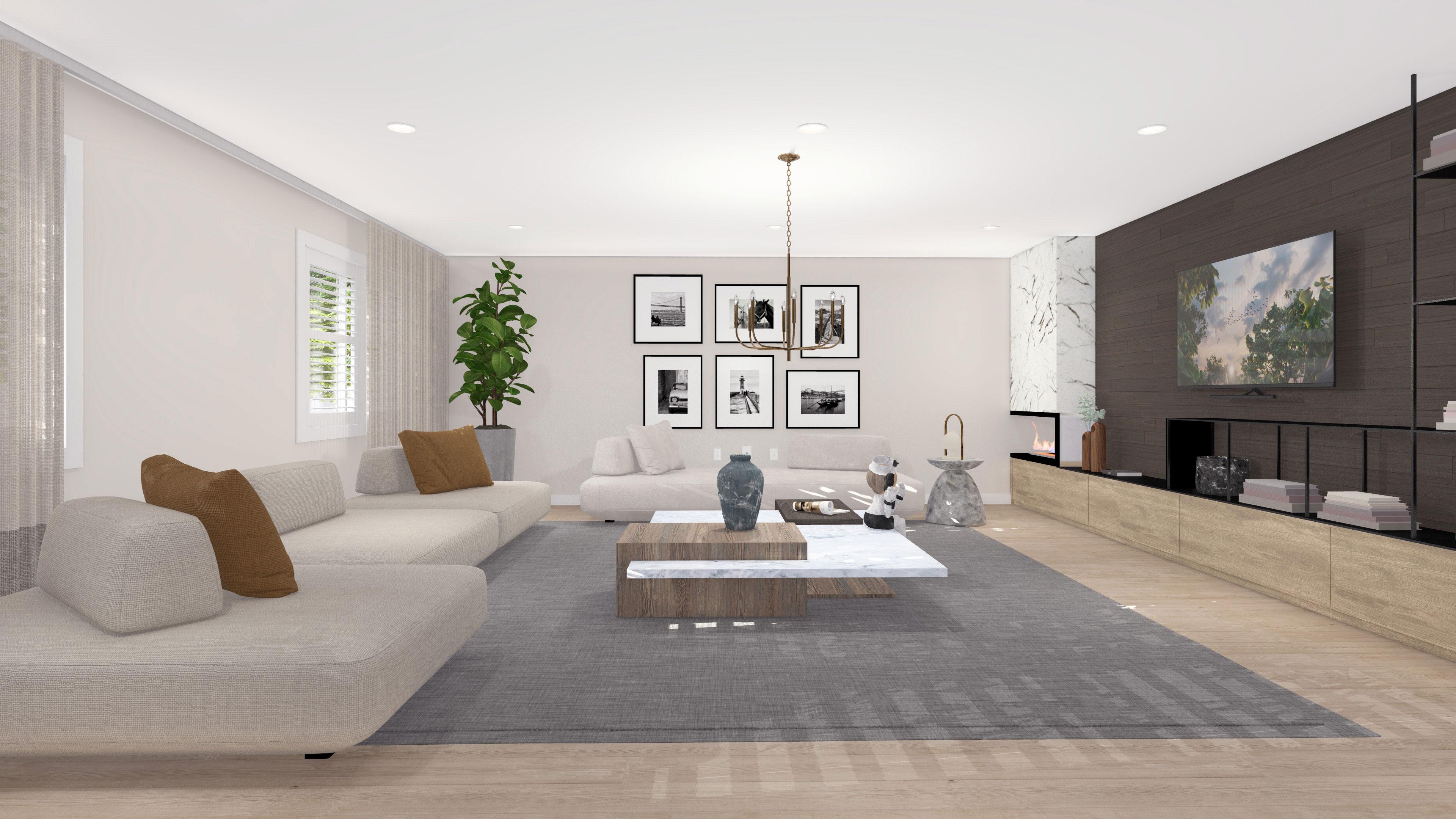 Interior rendering of a living room with sectional sofa, marble fireplace, media console, and coffee table.