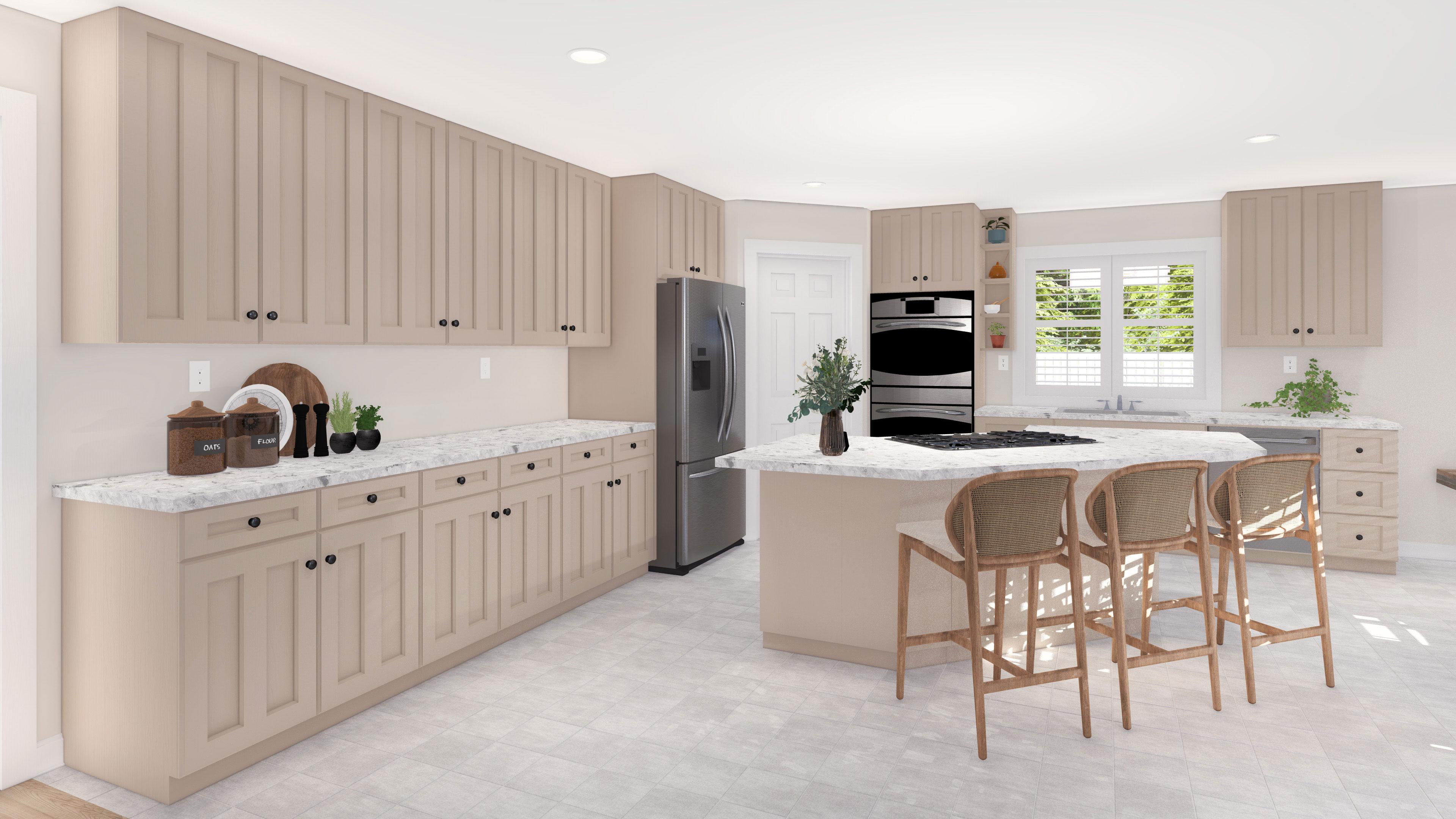 Kitchen with light tan cabinets, granite countertops, stainless steel refrigerator and oven, and a large island with bar stools.