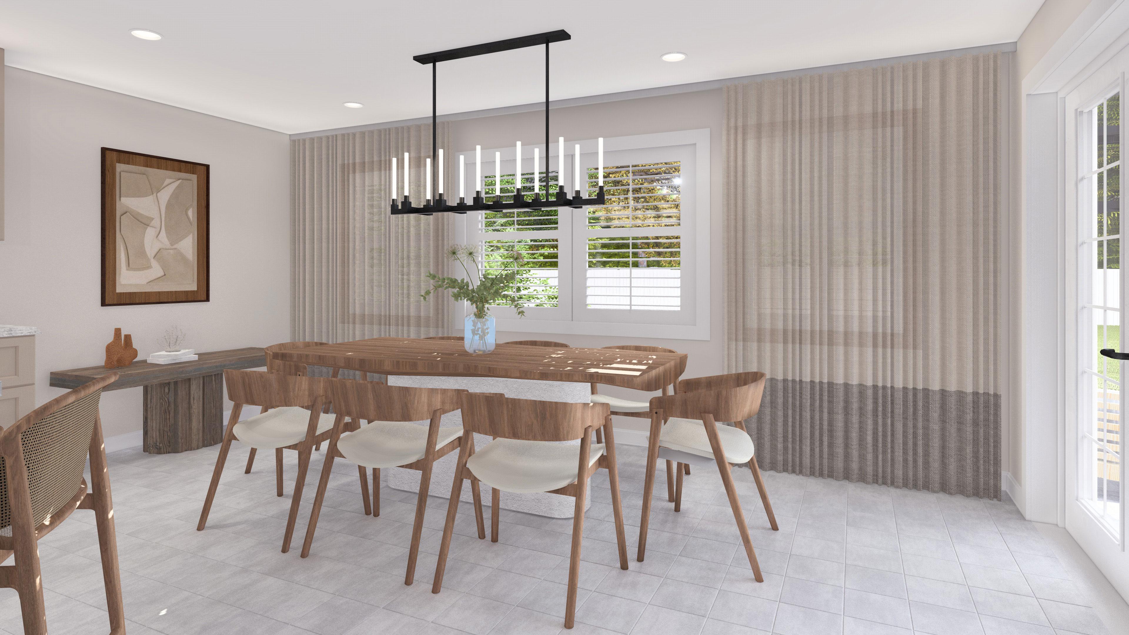 Dining room with wooden table, chairs, modern chandelier, and large windows with blinds.