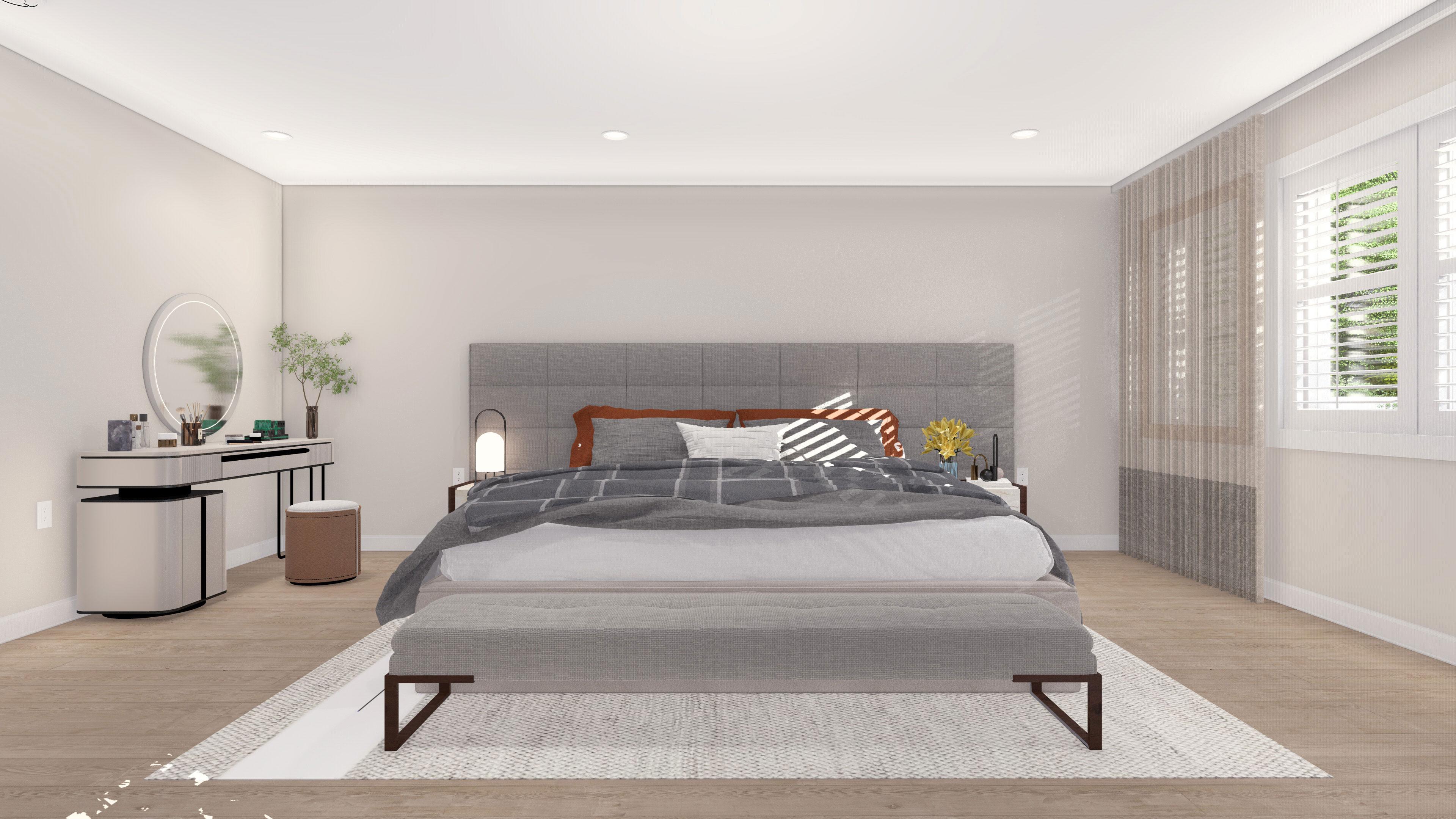 Bedroom rendering with king bed, gray upholstered headboard, vanity table with round mirror, and large window with shutters.