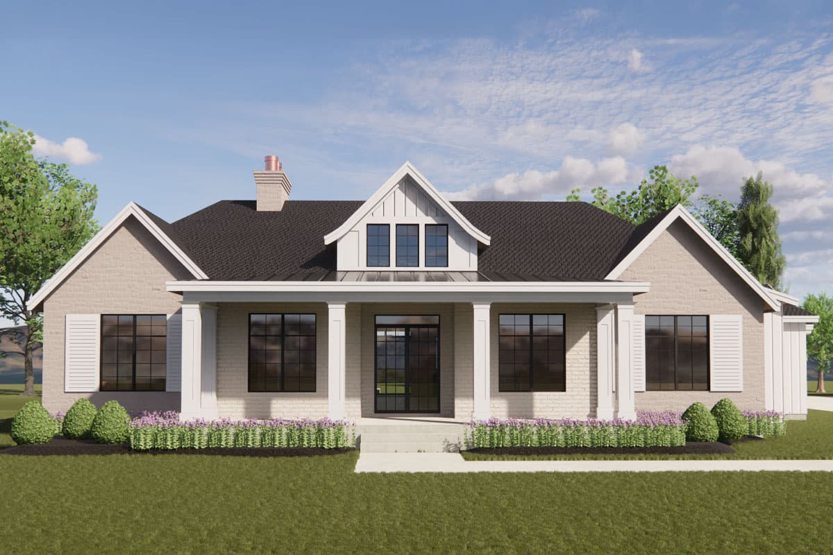 House plan exterior. Ranch style with brick facade, gable roof, covered porch with columns, and dormer windows.