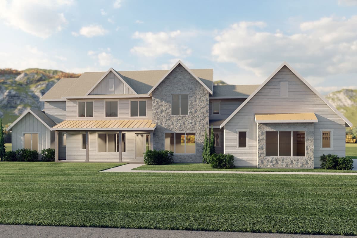 House plan exterior. Two-story Modern Farmhouse with gabled roof, stone facade, covered porch, and a metal roof over a bay window.