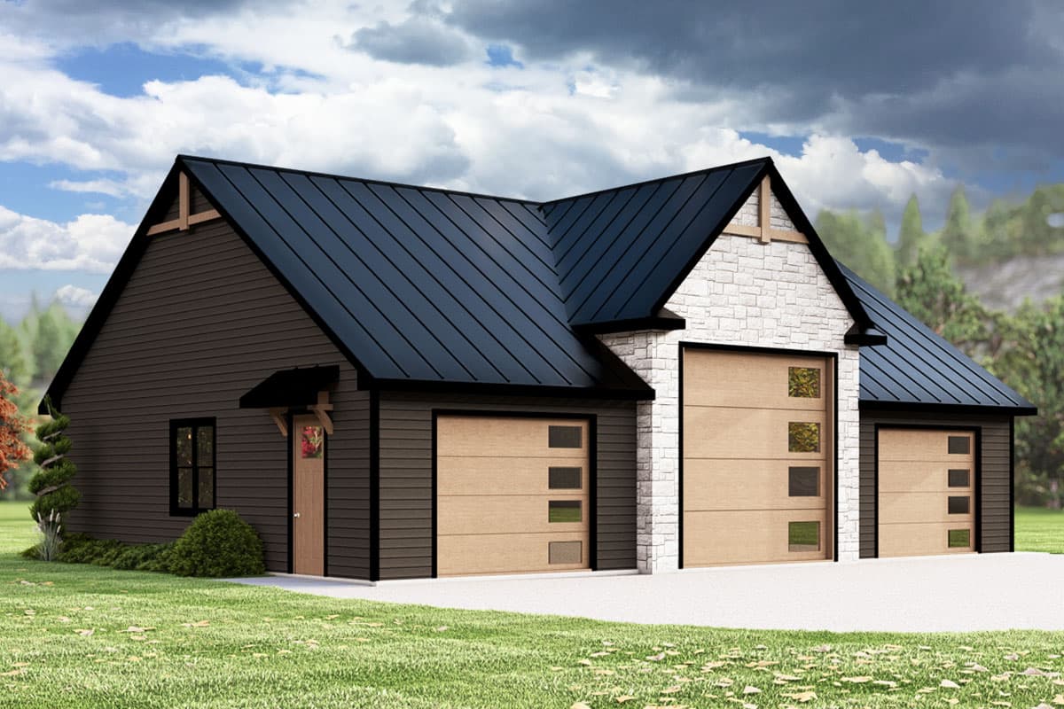 House plan exterior with board and batten siding, metal roof, and three-car garage. Features gable rooflines and stone accent wall.