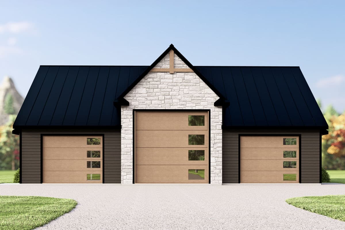 House plan exterior rendering of a three-car garage with a metal roof, stone accent facade, and wood garage doors with windows.