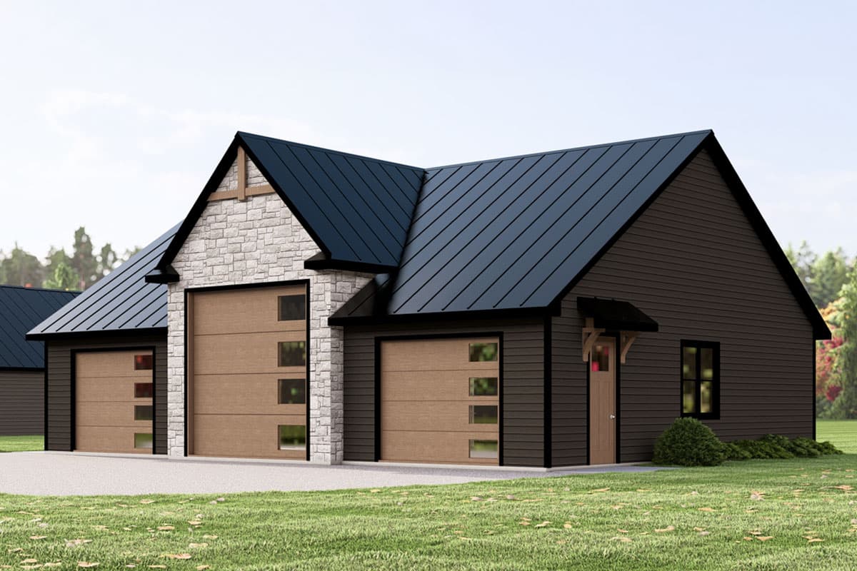 House plan exterior with a dark vertical siding, stone accents, dark metal roof, and multiple wood garage doors with windows.