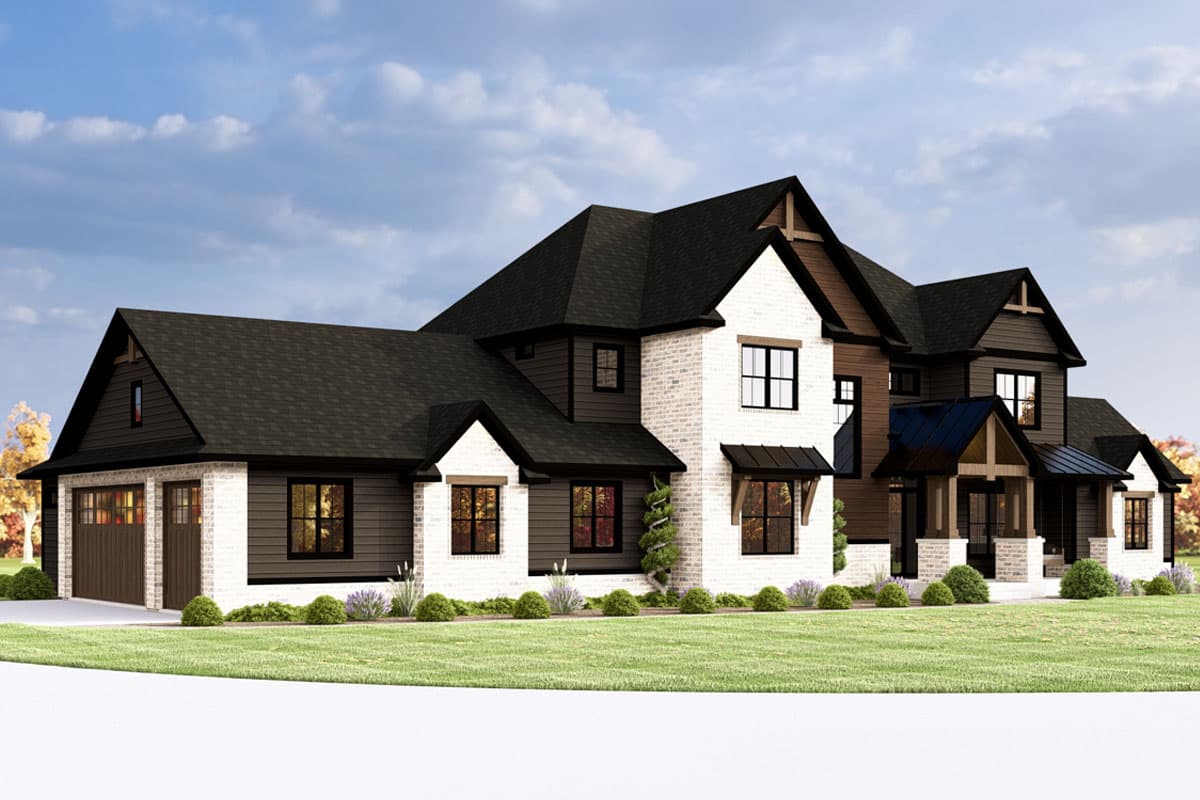 House plan exterior: Two-story modern farmhouse with white brick, dark siding, gables, dormers, and a three-car garage.