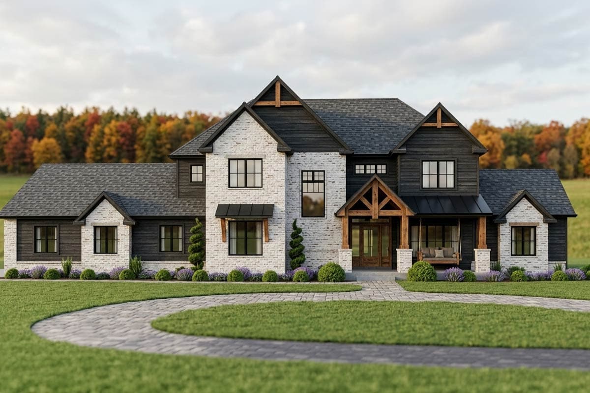 House plan exterior. Two-story Modern Farmhouse with gables, a covered porch, and a mix of brick and wood siding.