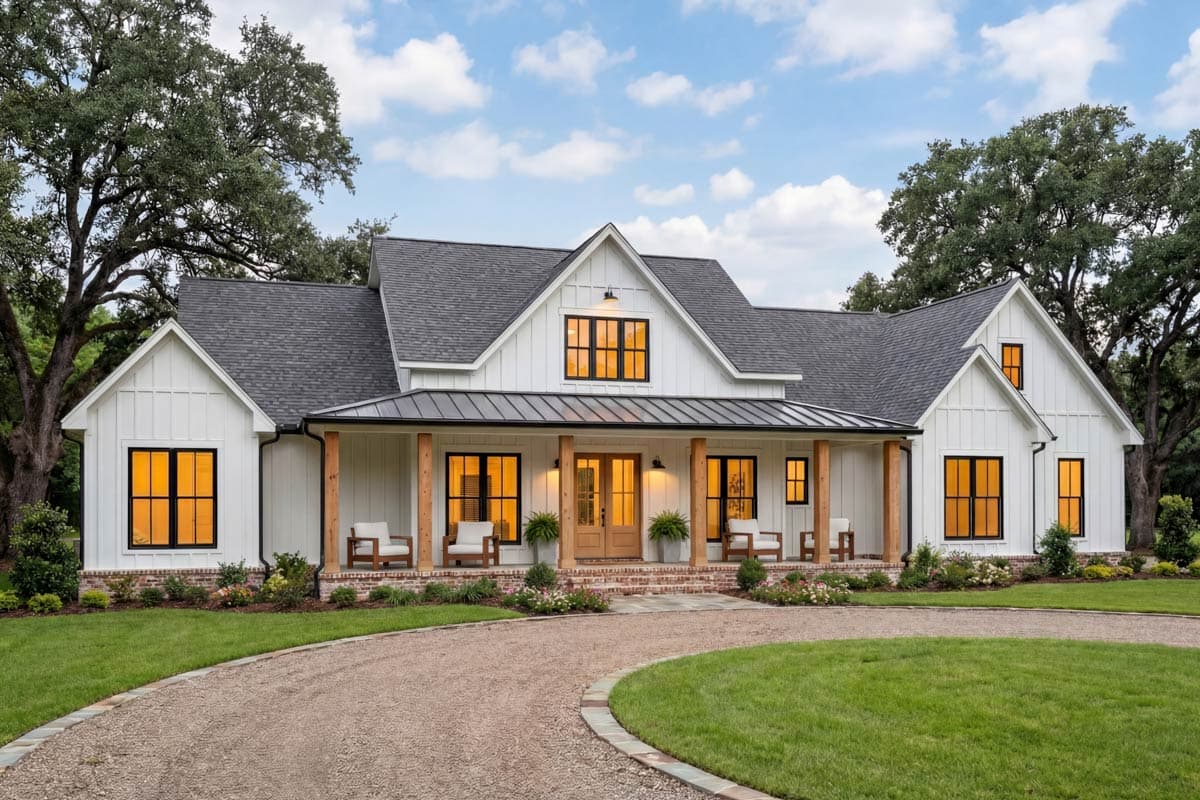 House plan exterior. Modern farmhouse style with gabled roof, porch with wood columns, and dormer window.