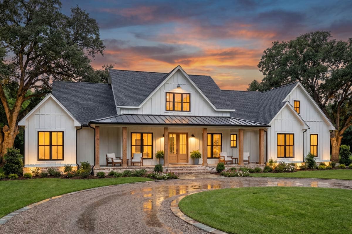 Modern Farmhouse house plan exterior with a prominent gable, wrap-around porch, and board and batten siding.