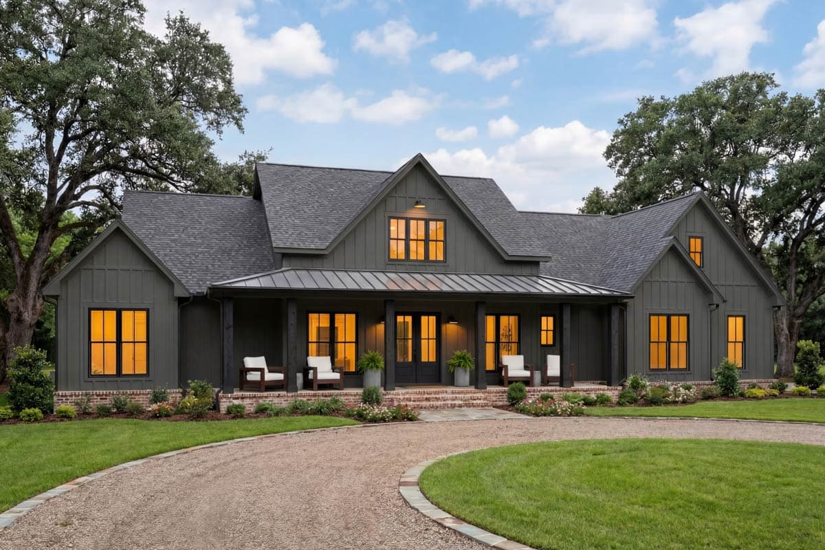 Modern Farmhouse house plan exterior with a covered porch, gables, board-and-batten siding, and multiple windows.