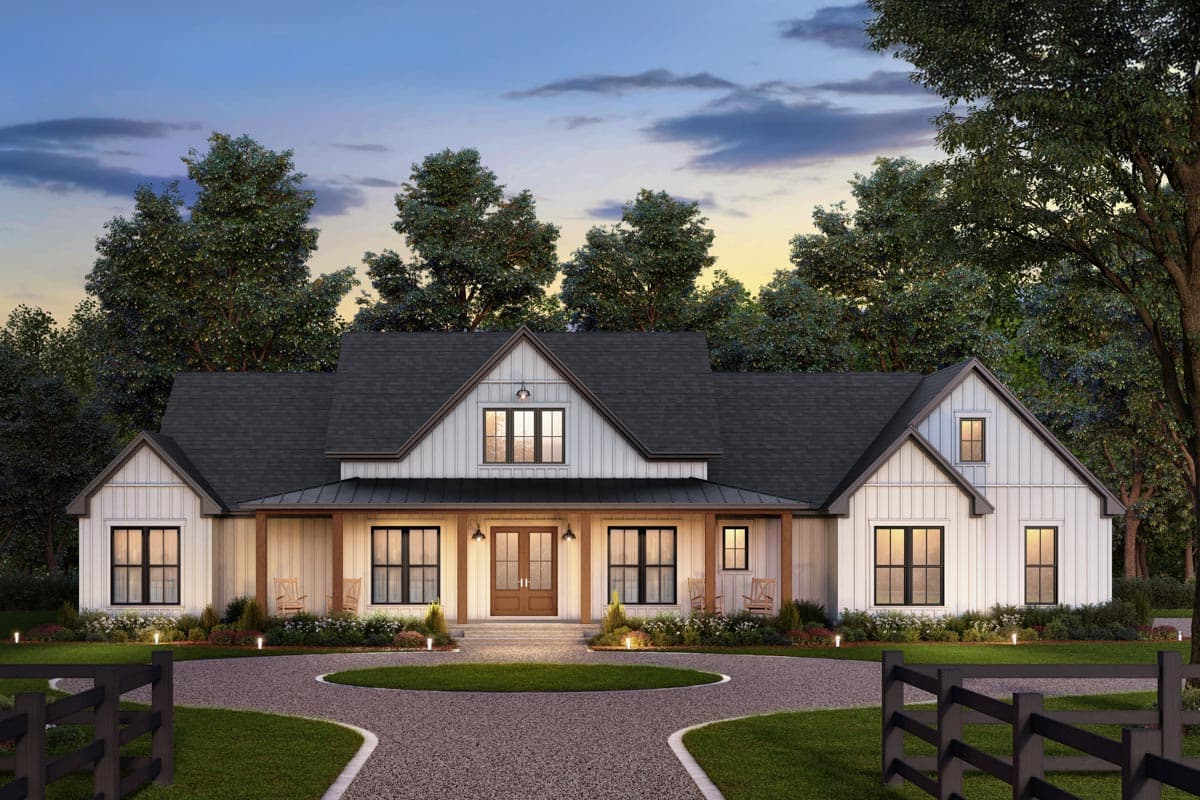 House plan exterior. Modern farmhouse style with gabled roof, porch with wood columns, and dormer window.