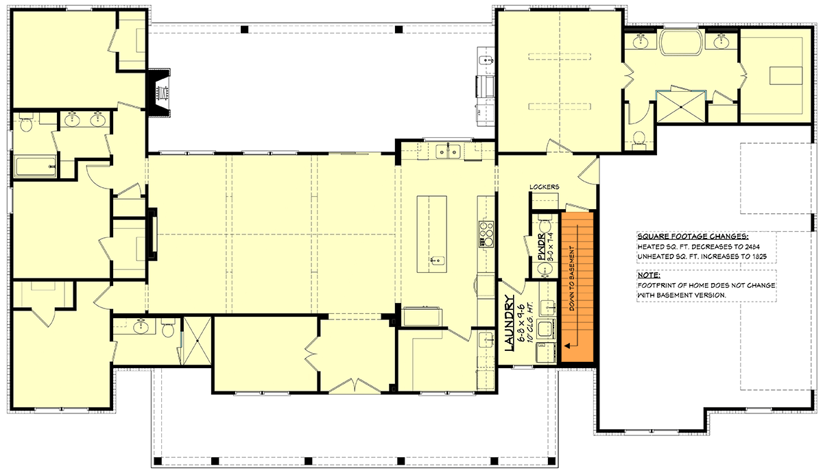Plan 51987HZ: Spacious Modern Farmhouse House Plan with 4 Beds, Office, and Outdoor Living - Floor Plan - Main Level - Stairs Location - Country, Modern Farmhouse, Traditional