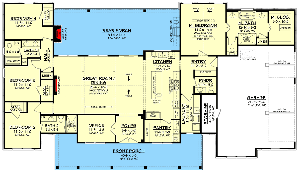 Plan 51987HZ: Spacious Modern Farmhouse House Plan with 4 Beds, Office, and Outdoor Living - Floor Plan - Main Level - Country, Modern Farmhouse, Traditional