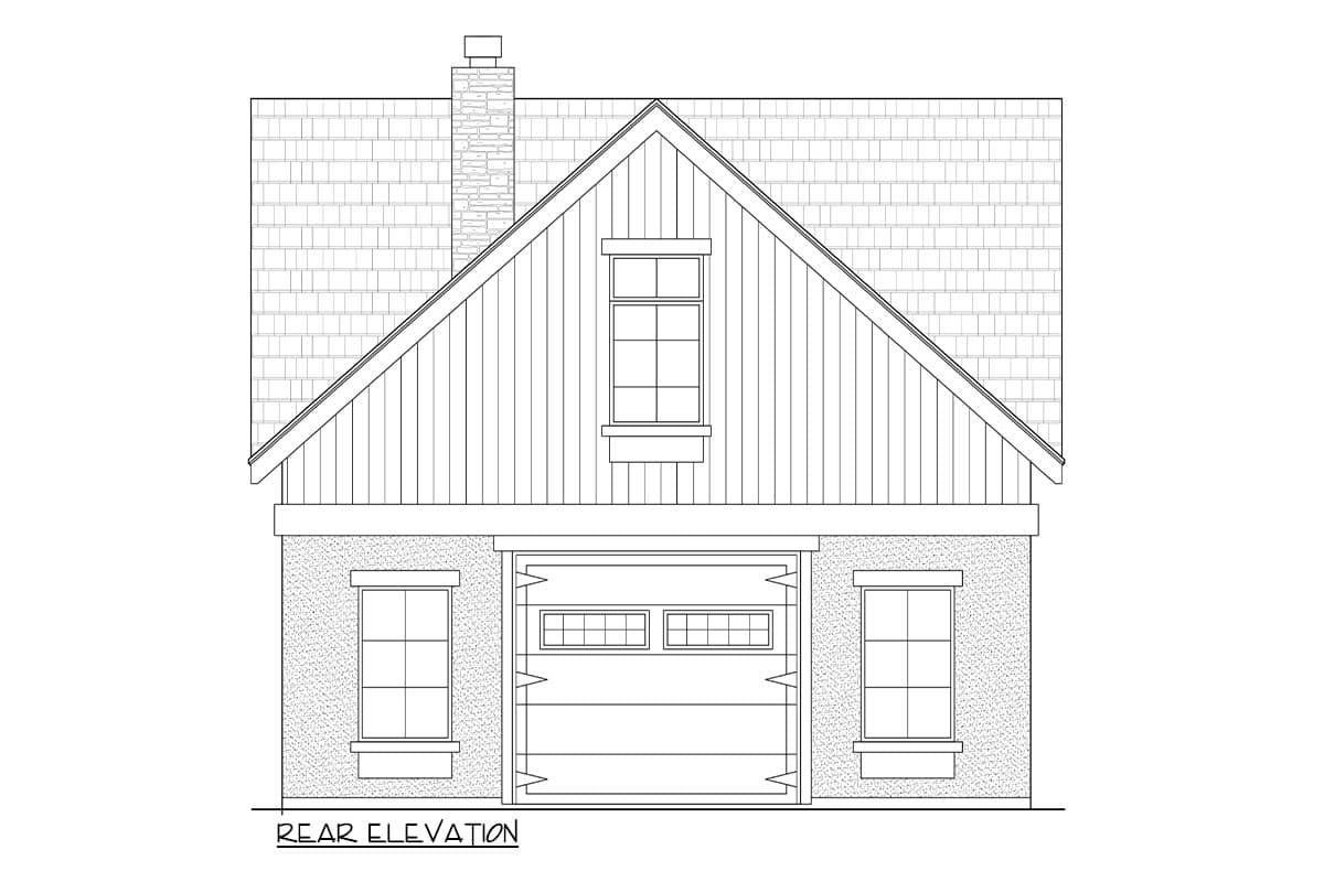 Rear elevation drawing of a house plan featuring a gable roof, dormer window, brick facade, and garage door.