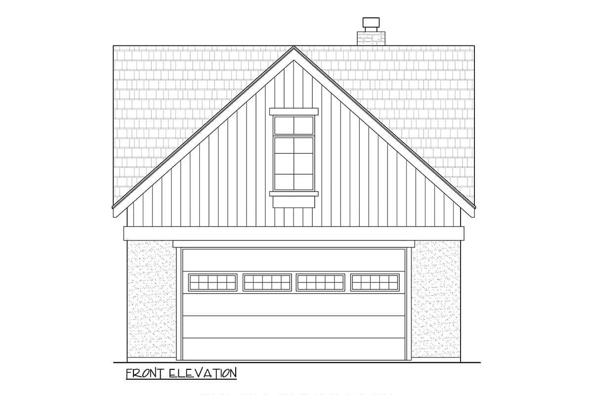 Front elevation drawing of a house with a gable roof, dormer window, and a two-car garage.