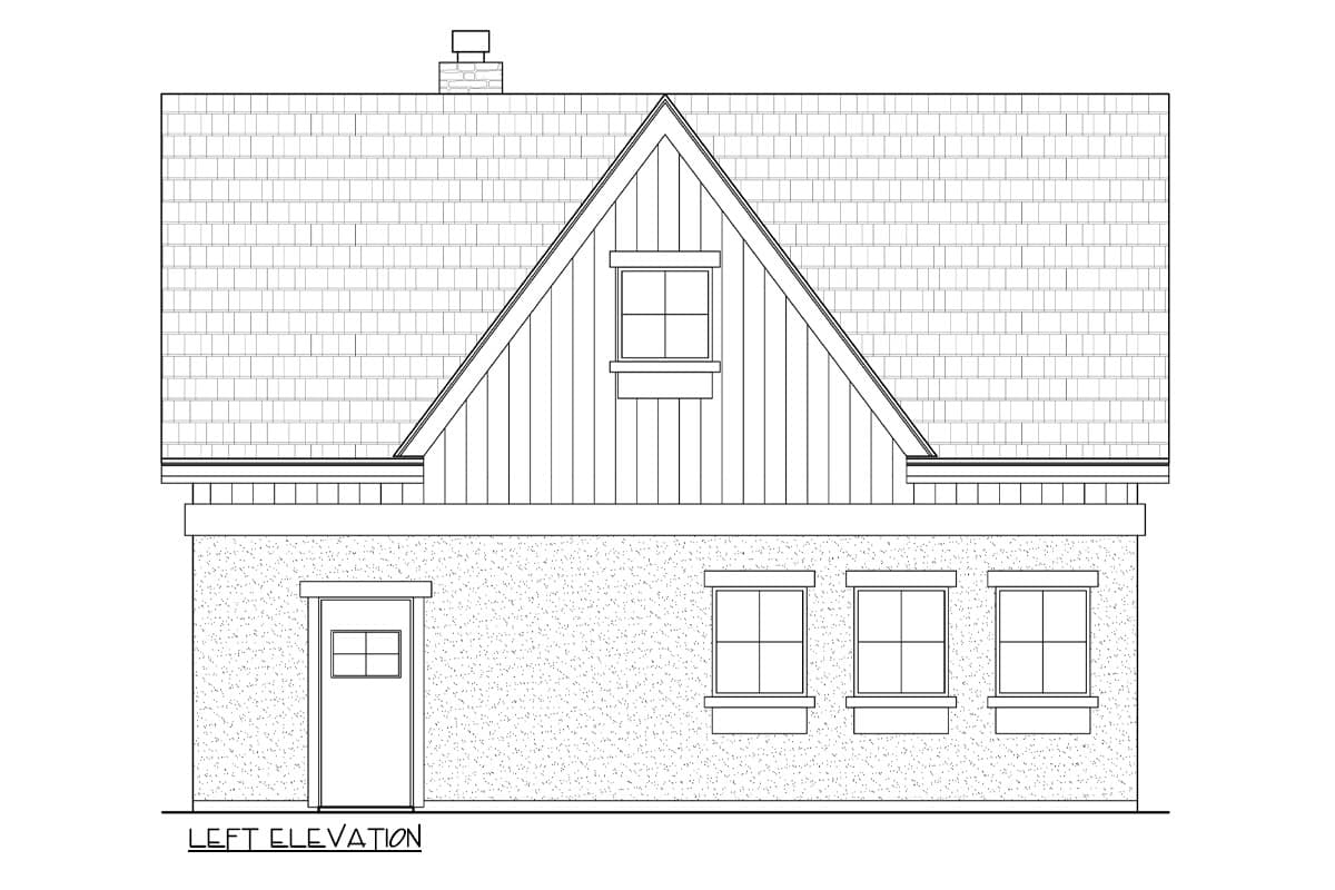Left elevation drawing of a house plan with a gabled dormer, pitched roof, and multiple windows.