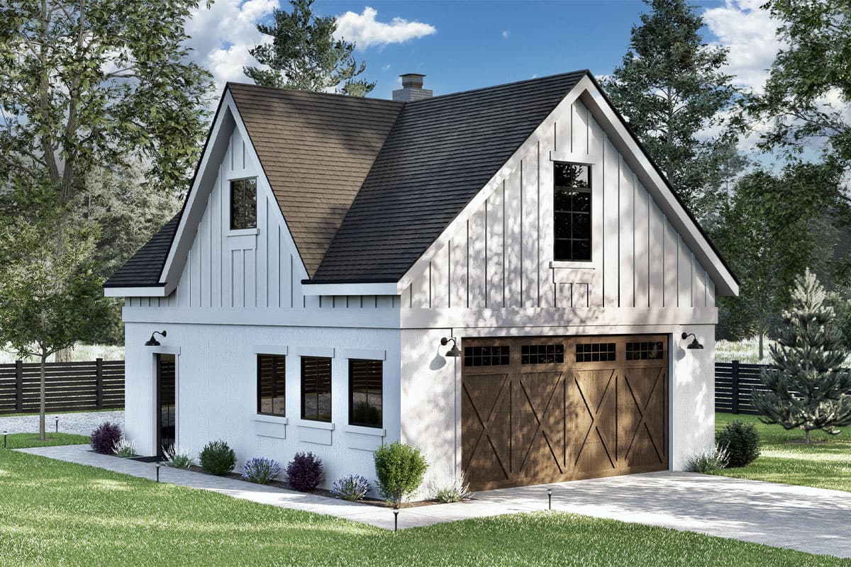 House plan exterior. Two-story Modern Farmhouse with gabled roof, board-and-batten siding, and a two-car garage with a decorative door.