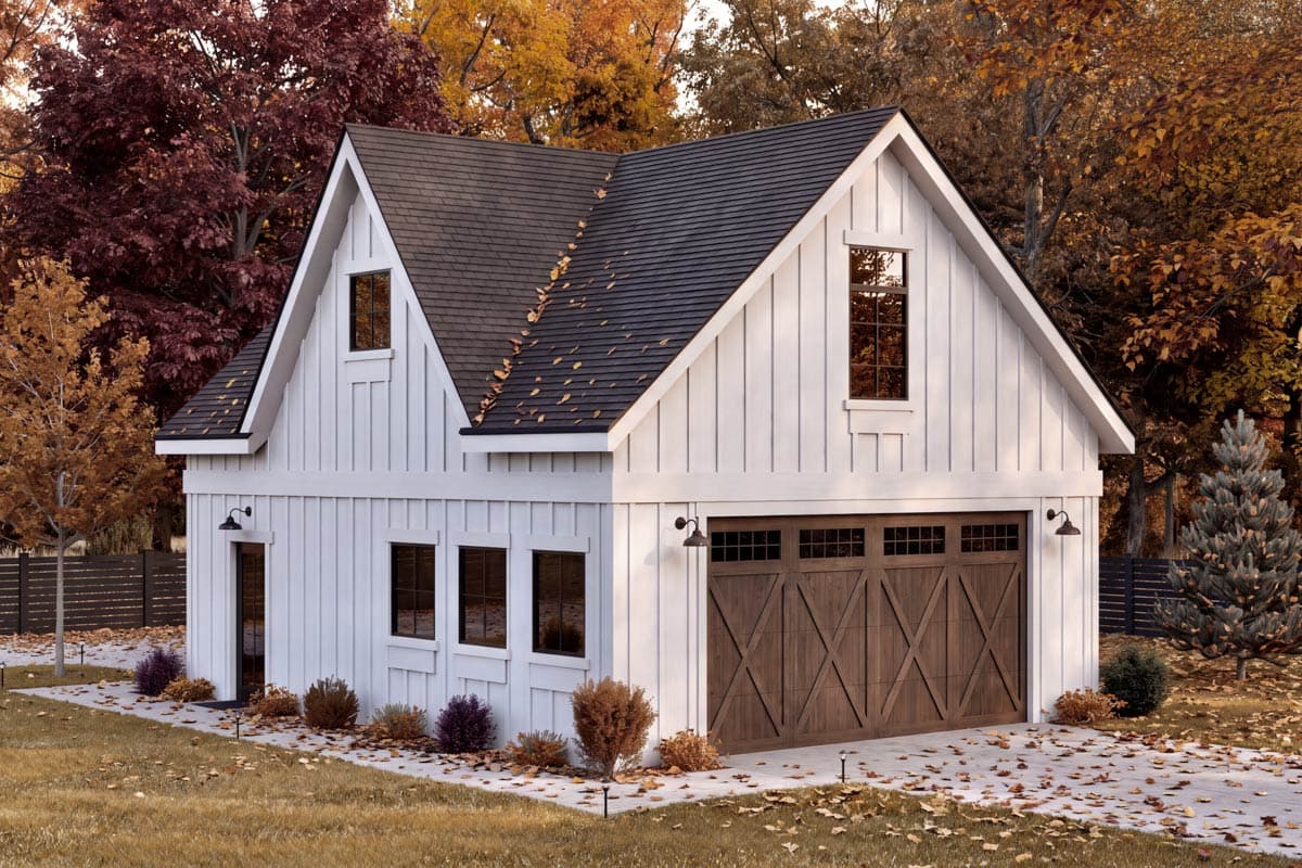 Plan 520027RKY: 2-Car Garage ADU Plan with Second Floor Studio and Office - 575 Sq Ft - Image #1 - Carriage, Country, Farmhouse, Modern Farmhouse
