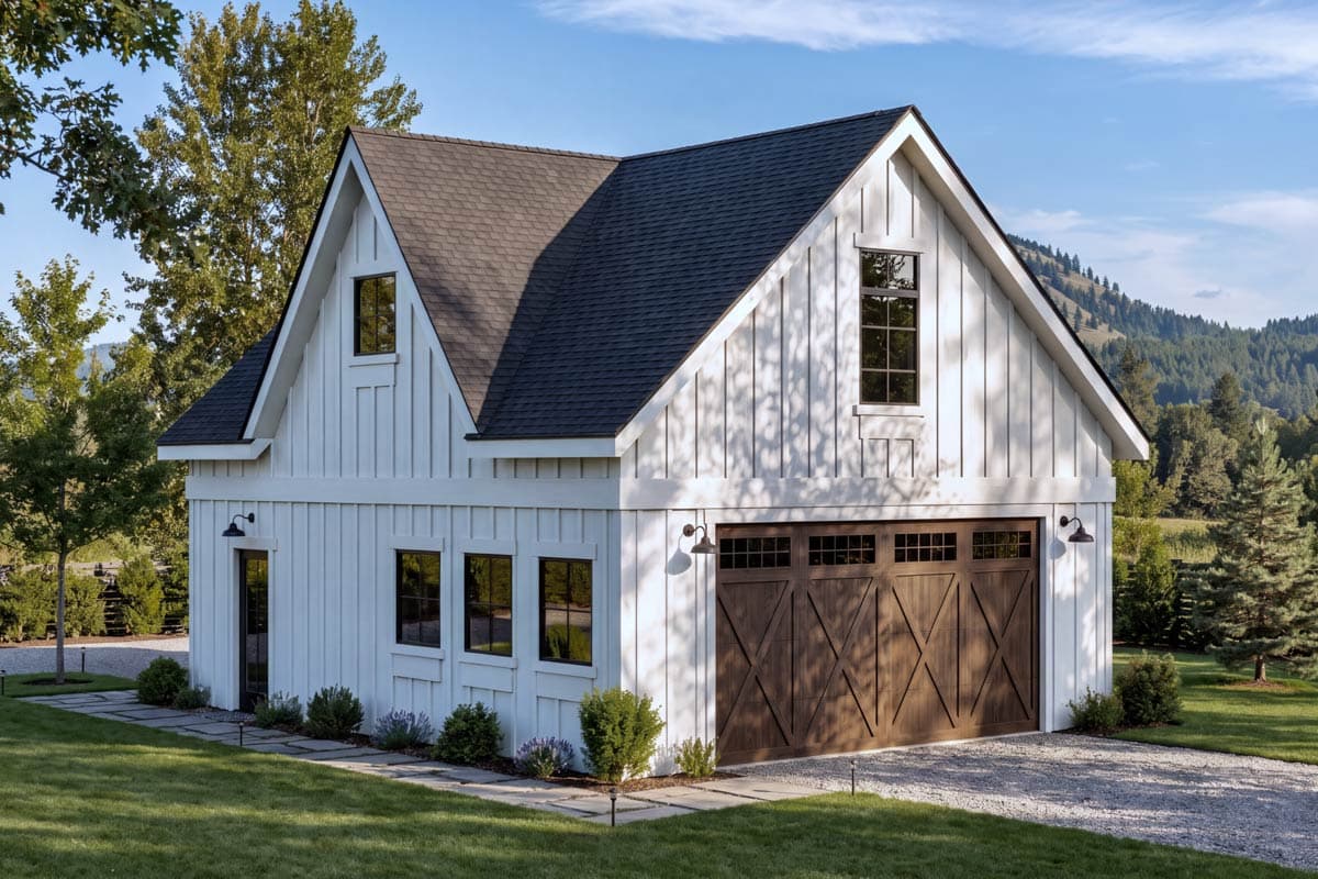 House plan exterior. Two-story Modern Farmhouse with gabled roof, board-and-batten siding, and a two-car garage with a decorative door.