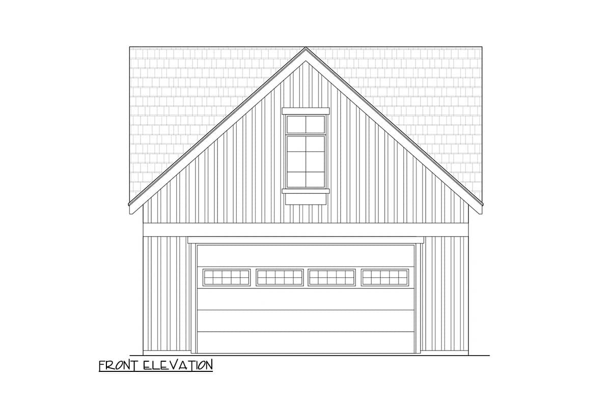 Front elevation drawing of a house with a gable roof, dormer window, and a two-car garage.