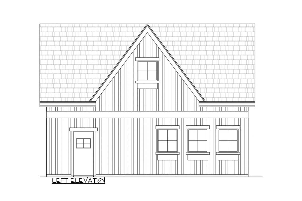 Left elevation drawing of a house plan with a gabled dormer, pitched roof, and multiple windows.
