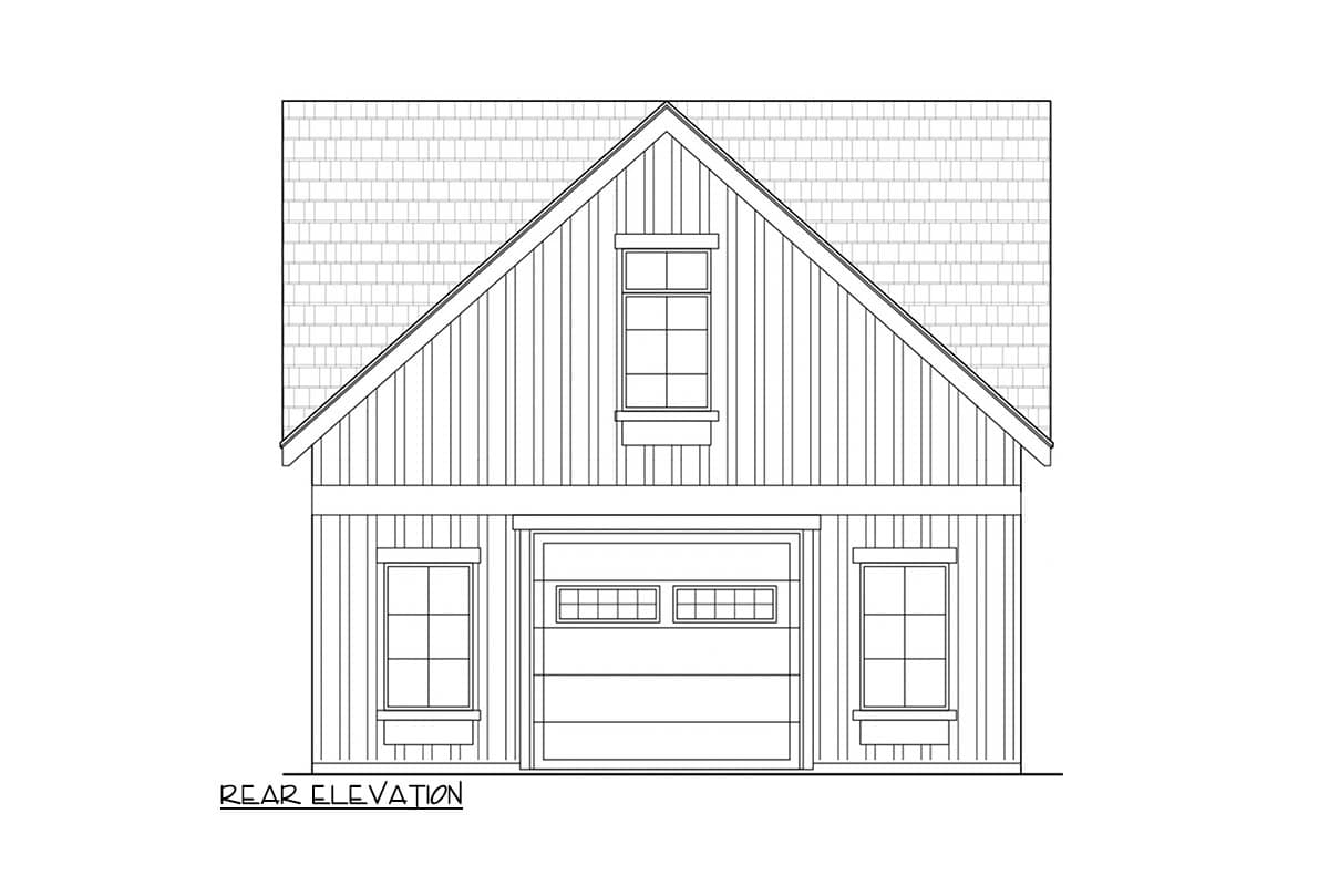 Rear elevation drawing of a house plan featuring a gable roof, dormer window, brick facade, and garage door.