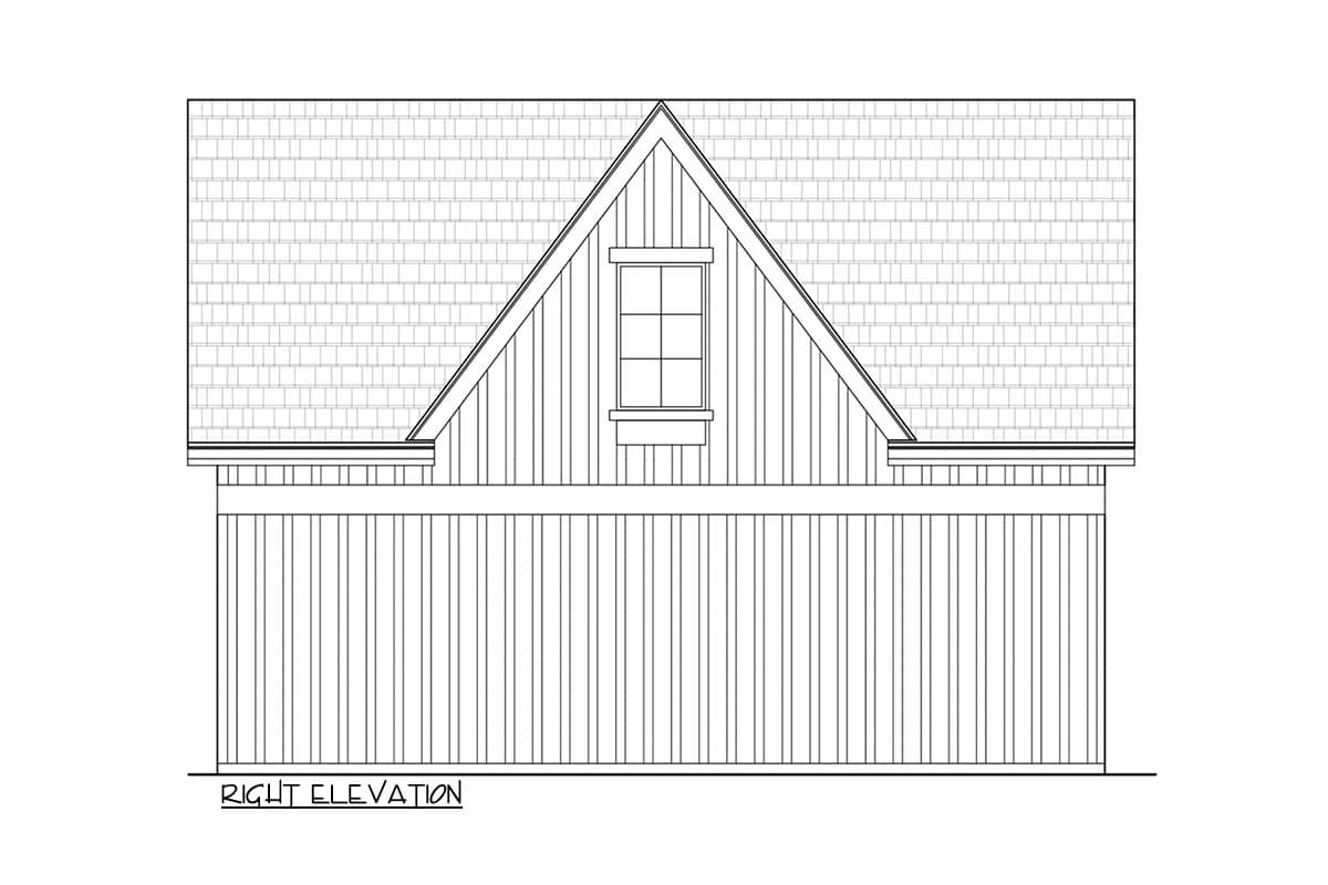 Right elevation drawing of a house plan featuring a gable roof, dormer window, and stone chimney.
