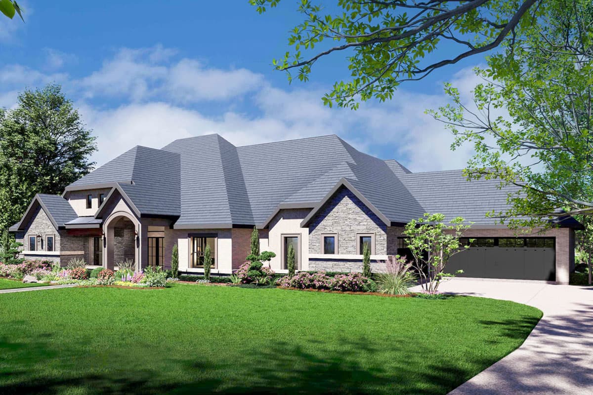 House plan exterior: Large two-story home with stone accents, arched entryway, gable rooflines, and attached three-car garage.