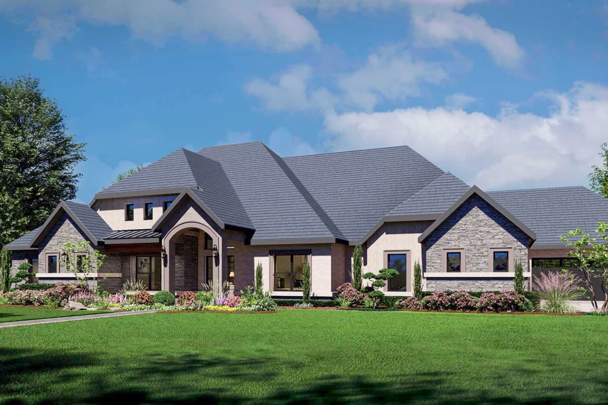 House plan exterior: Two-story home with stone accents, arched entryway, multiple gables, and varied rooflines.