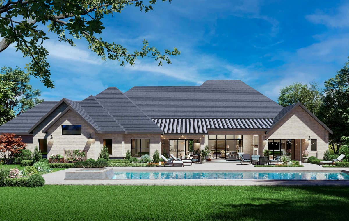House plan exterior: Modern Ranch style, one story, brick facade, multiple gables, large windows, covered patio, and swimming pool.
