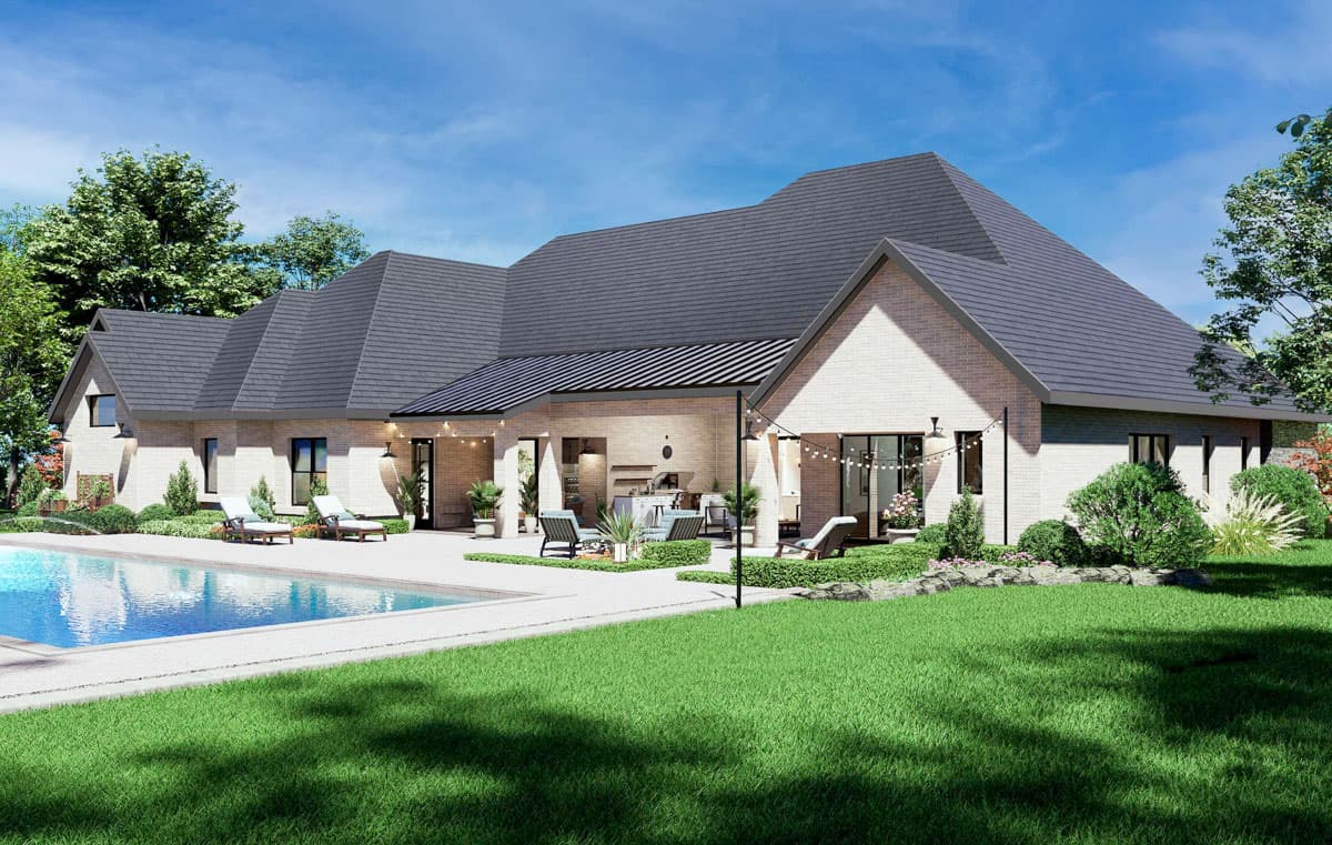 House plan exterior: Ranch style, light brick facade, multiple gables, covered patio with outdoor kitchen, and pool.