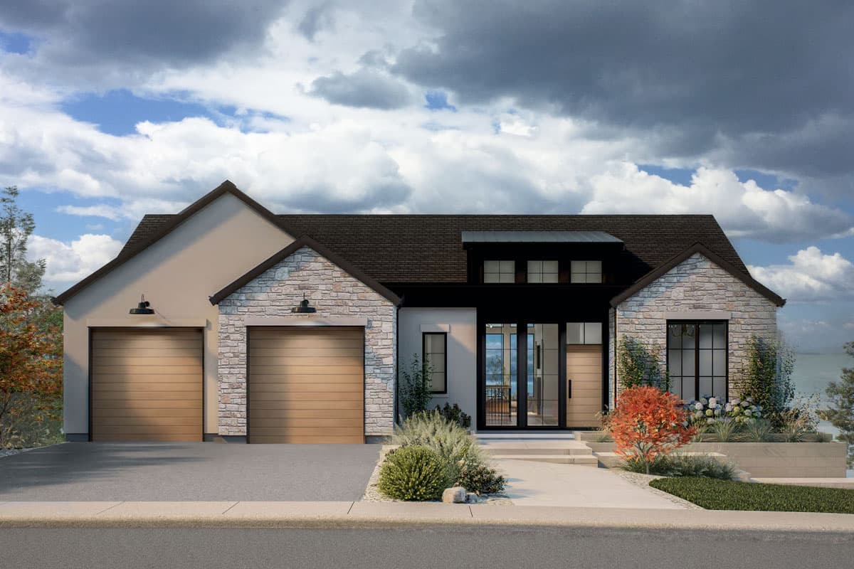 House plan exterior. Modern farmhouse style with stone accents, two-story gabled roof, and two-car garage. Entry features large windows and door.