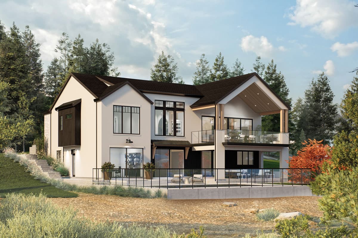 Modern house plan exterior, two stories, with large windows, balconies, and a covered outdoor living space.