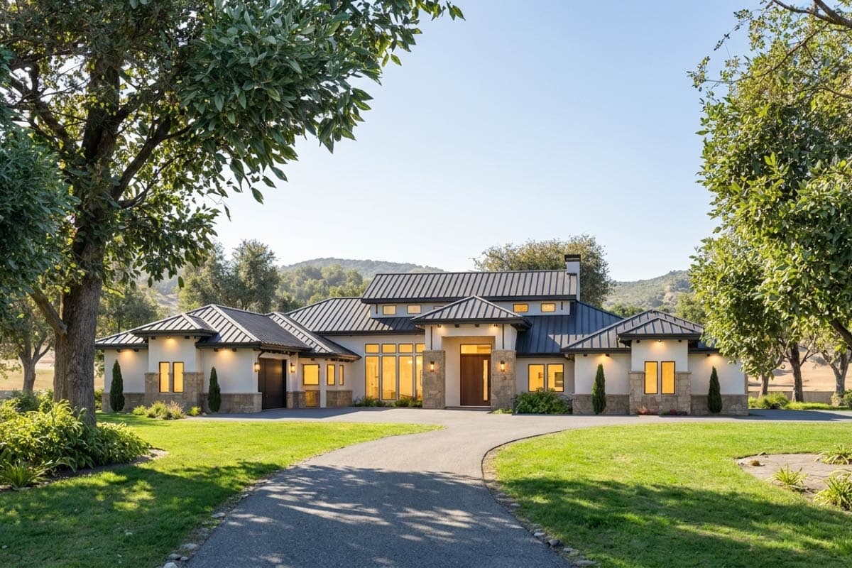 Modern house plan exterior featuring a dark metal roof, stone accents, large windows, and a side-entry garage.