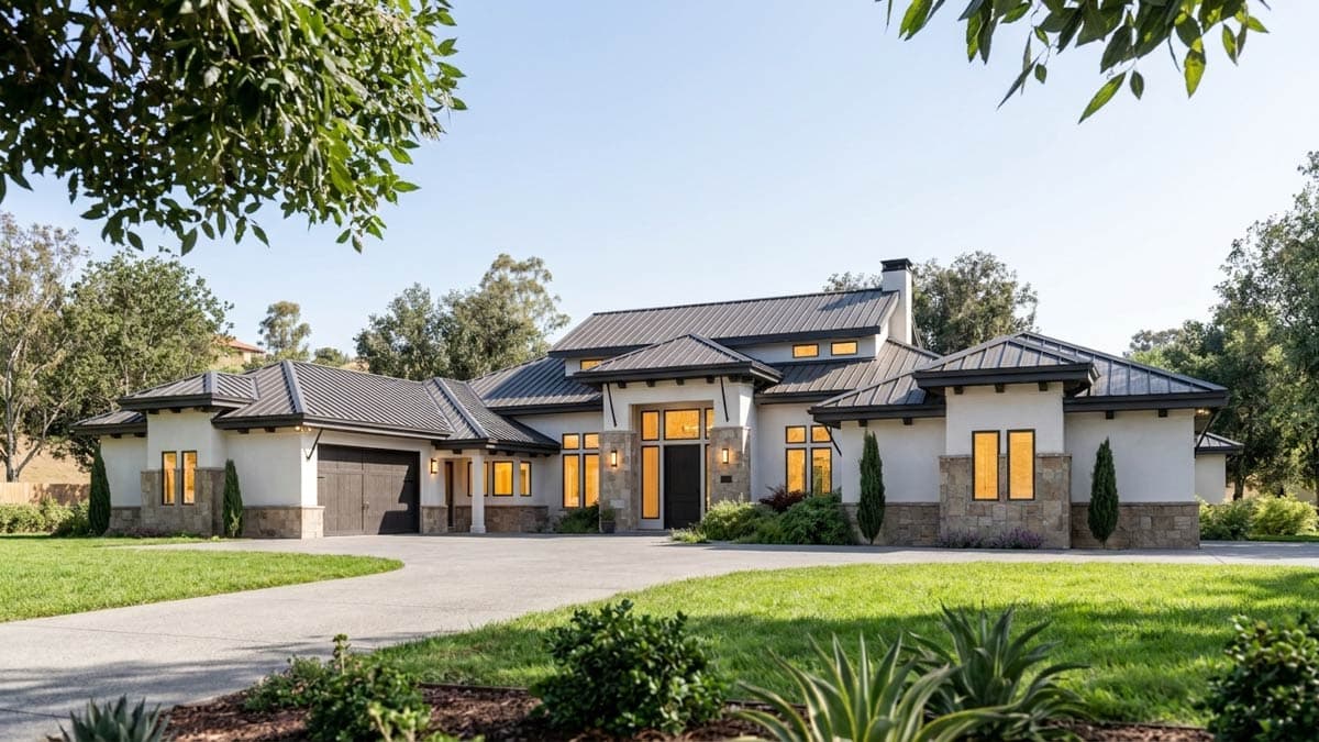 Modern house plan exterior with stucco walls, metal roof, stone accents, attached garage, and expansive windows.