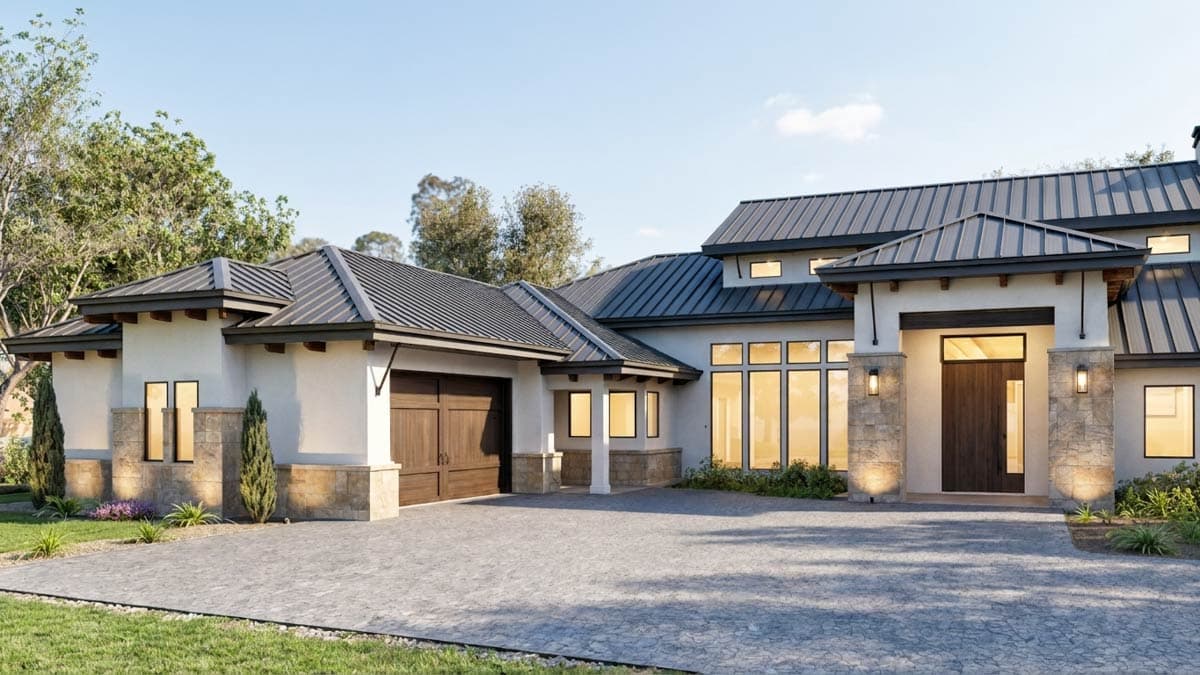 Modern house plan exterior with multiple intersecting gables, stone accents, and a prominent covered entryway with stone pillars.