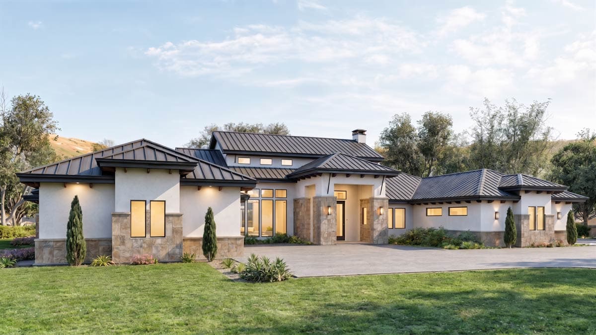 House plan exterior: Modern style, single-story, white stucco, stone base, metal roof, deep eaves.
