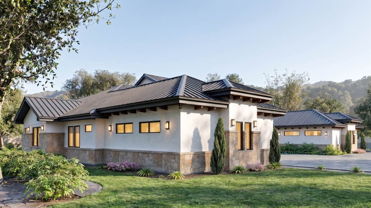 House plan exterior with a modern style, metal roof, stucco walls, and stone accent siding.