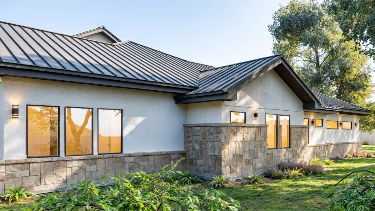 House plan exterior: Modern style, stucco and stone facade, dark metal roof, covered porch, and numerous windows.