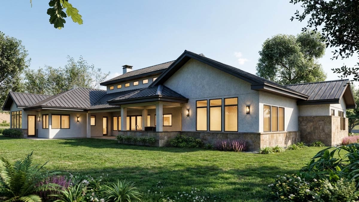 House plan exterior: Single-story contemporary home with a multi-level metal roof, stucco finish, and a covered porch.